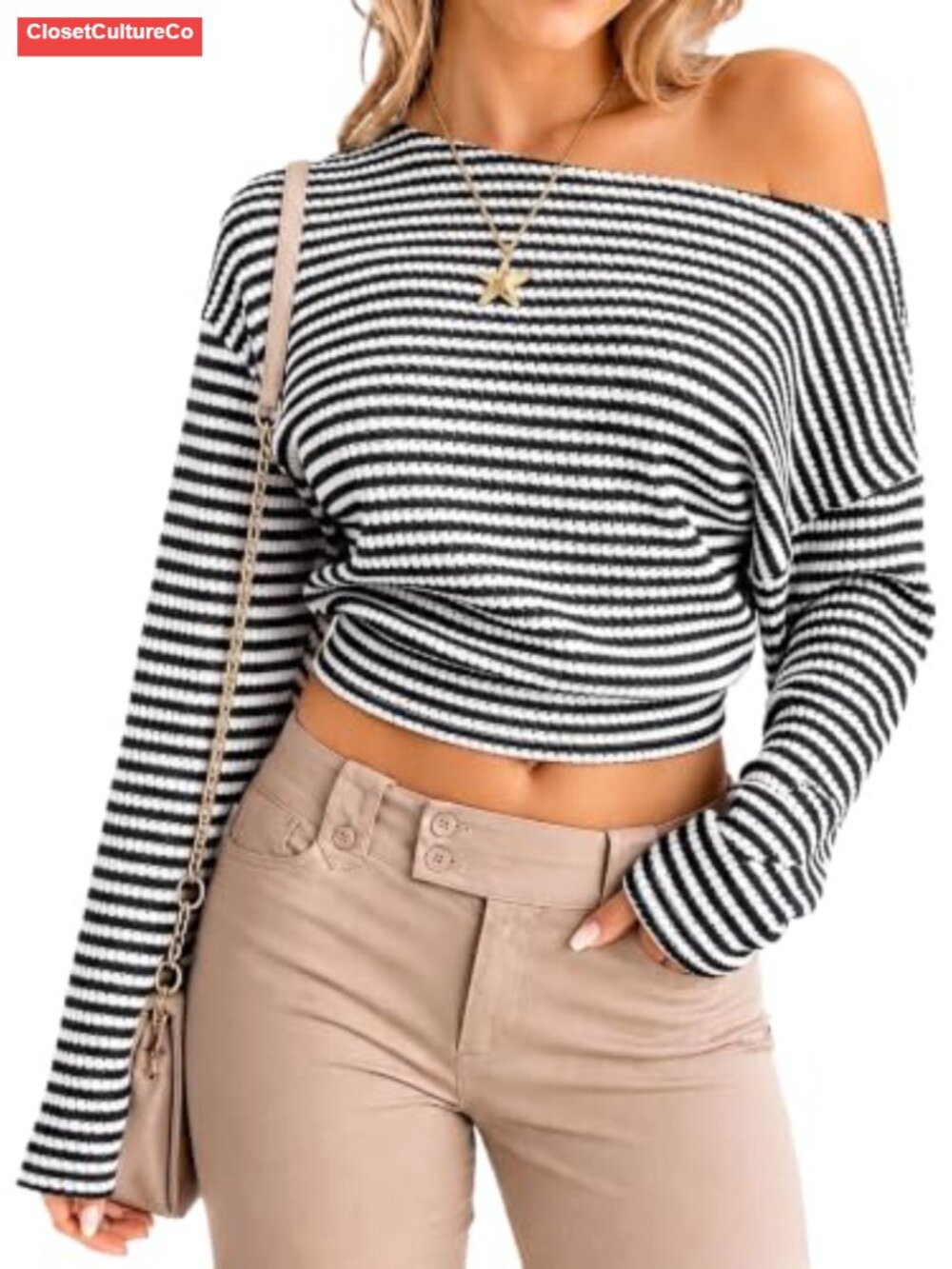 Off Shoulder Striped Long Sleeve Cinched Waist Knit Crop Top